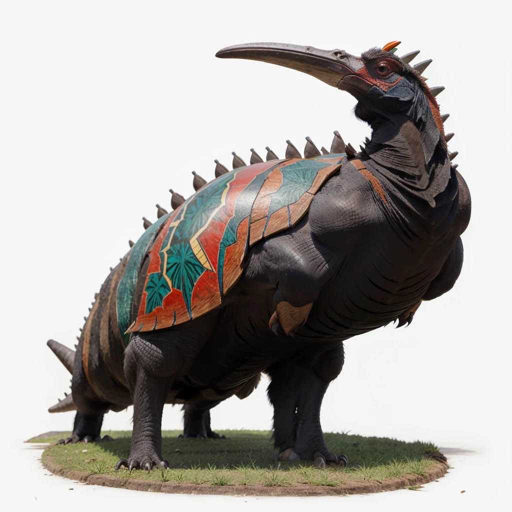 Big Animaly, has grees stripes on his skin, reds eyes, cassowary mixed with stegosaurus, Grassroots, no background