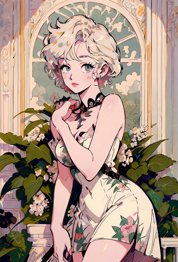 Marilyn Monroe, Anime Style, Short Hair, Platinum Blonde, She is wearing a beautiful embroidered silk dress., Elegant, Ultra-detailed botanical references, Line Designer, Digital Illustration, Maximalist Botany, beautifully、Aesthetically beautiful illustration masterpiece, Topaz AI Post Editing