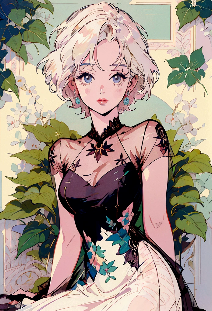 Marilyn Monroe, Anime Style, Short Hair, Platinum Blonde, She is wearing a beautiful embroidered silk dress., Elegant, Ultra-detailed botanical references, Line Designer, Digital Illustration, Maximalist Botany, beautifully、Aesthetically beautiful illustration masterpiece, Topaz AI Post Editing
