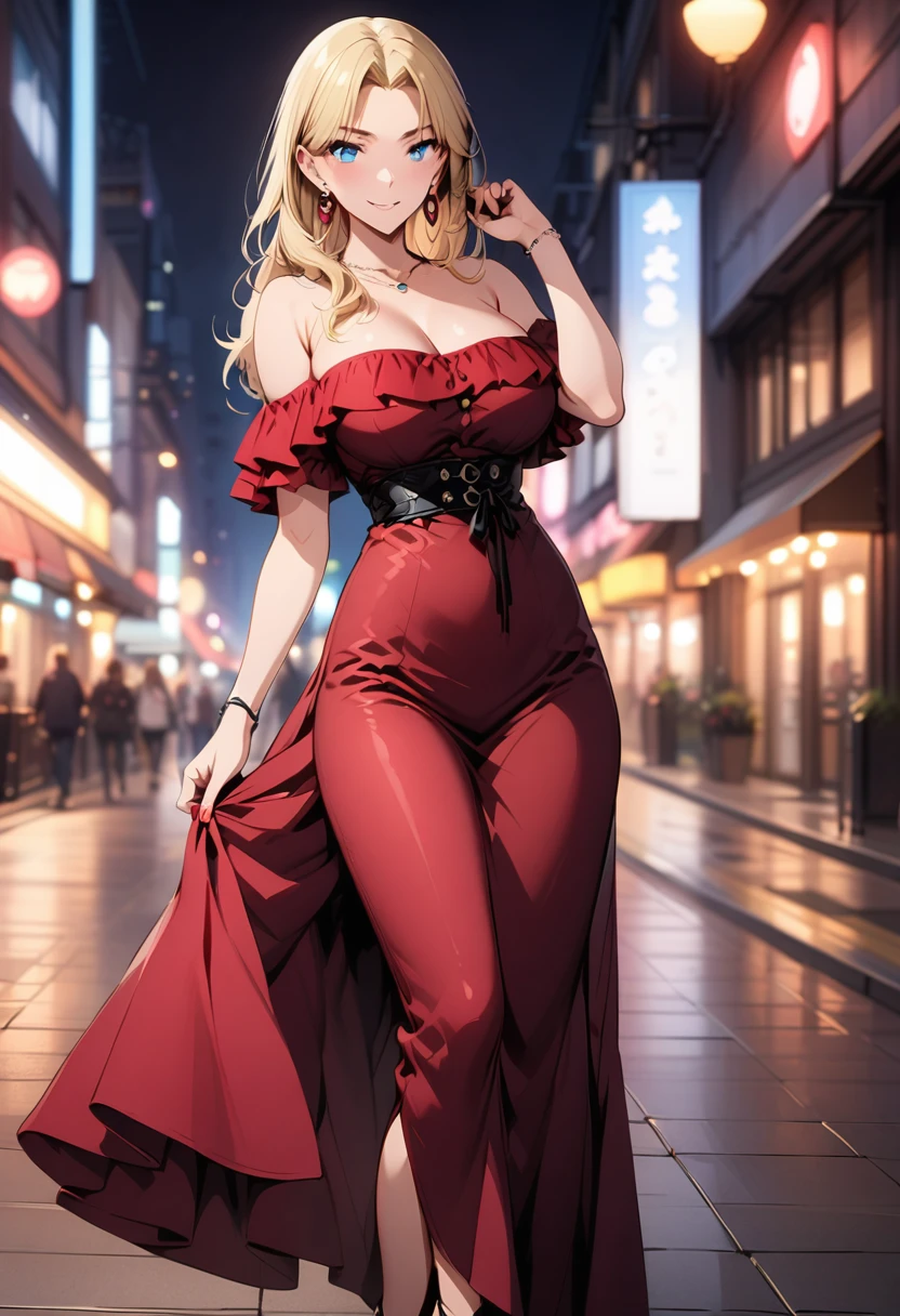 (best quality,Ultra-clear，Depth of Field, high resolution：1.3），personal, Blonde hair, blue eyes, earrings, Jewelry, Anime style，full-body shot，（36 years old mature beauty，Charming and sexy，Perfect body，Fashion，Green Off-The-Shoulder Maxi Dress，Wearing red high heels：1.2）