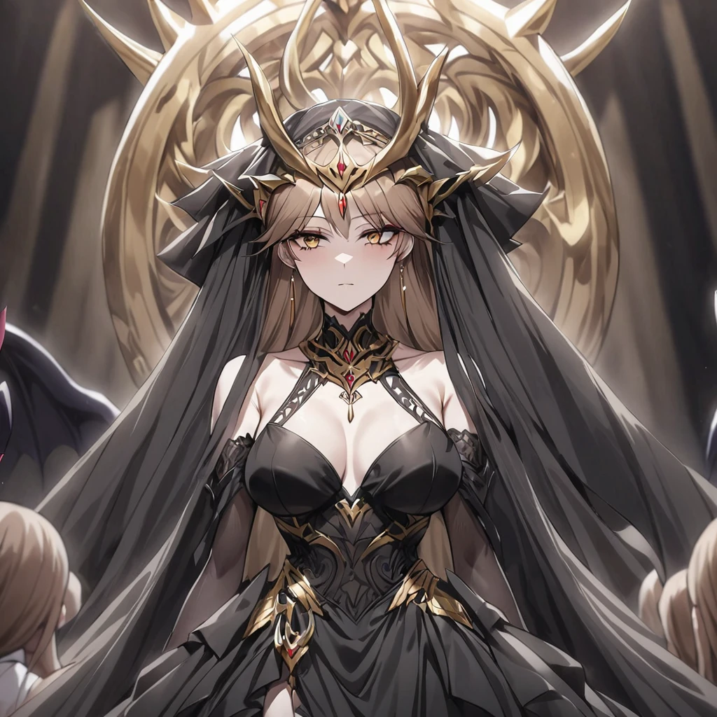 ((Highest quality)), ((masterpiece)), (detailed), （Perfect Face）、The woman is Princess Leona, who is having a wedding ceremony with the Demon King. She has medium-long light brown hair and is wearing a gorgeous black wedding dress decorated with gold and a black wedding veil. She is having a wedding ceremony with a man who is the Demon King of a dignified evil organization.、Women are brainwashed, expressionless, and have no highlights in their eyes.、The woman is getting married to a powerful demon king of an evil organization.、The powerful demon king of the evil organization embraces the woman.