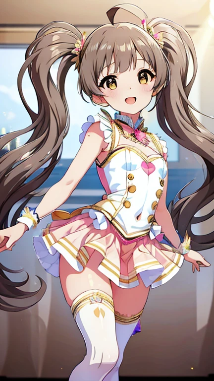 masterpiece, best quality, 4k, caustics, high details, sparkle, front view, 1girl, ****ta, twin tails, ahoge, flaxen color hair, straight bangs, (gold color eyes), droopy eyes, sparkling eyes, flat chest, small breasts, slender, super happy smile, open mouth, extreamely detailed background, live stage, neon light, many audience, cute idol dress, light pink costume, mini skirt, thigh-high socks, boots, microphone, singing