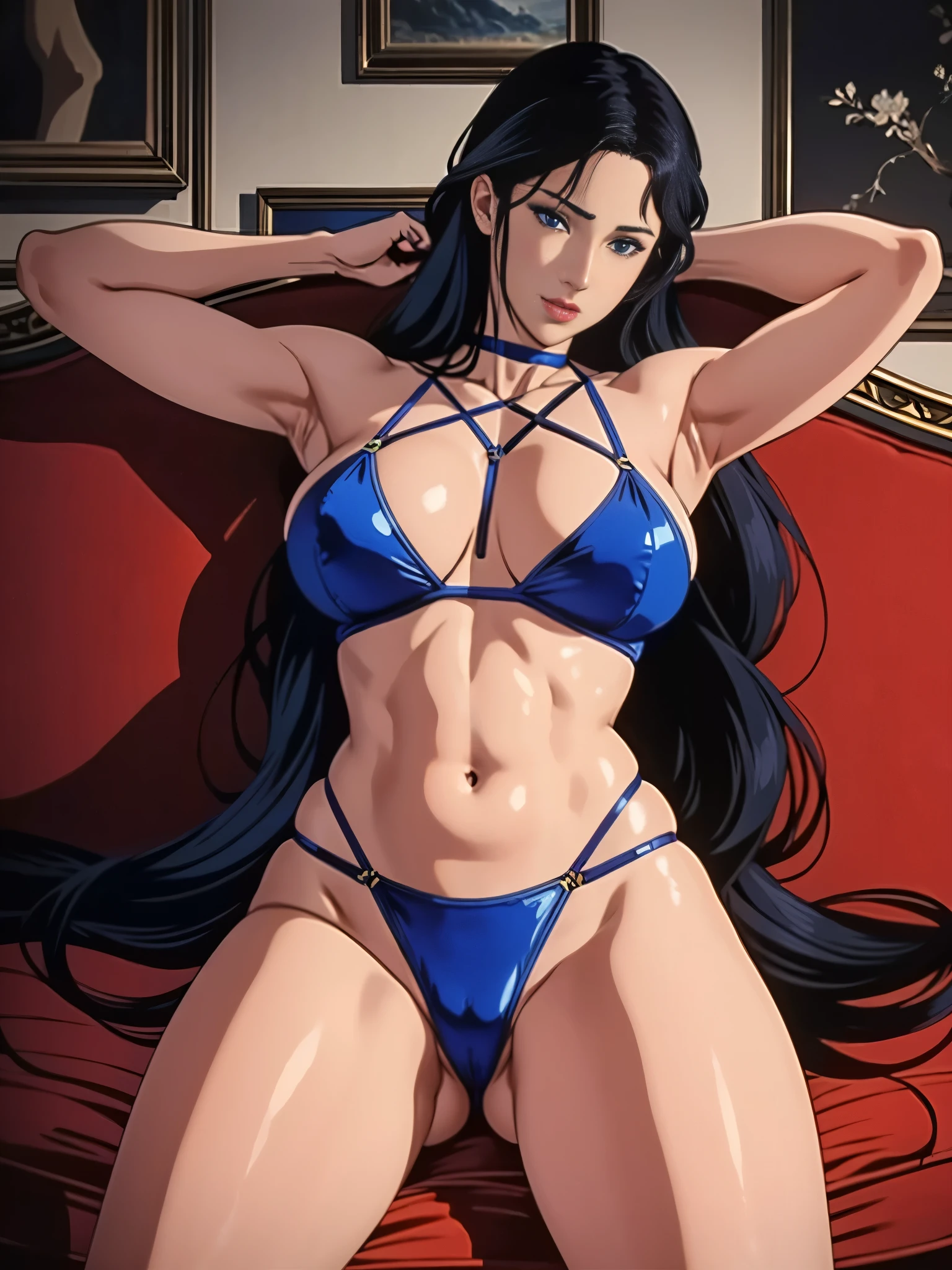 ((masterpiece)), Highest quality, Very detailed, Absurd, 8K, wonderful, Very detailed, The finer details, Browsing Caution, (Very complicated:1.2), (Very delicate), Very detailed, RuiKisugi, 1 Female, Long Hair, Wavy Hair,Voluminous Hair ,Black Hair, eyelash, blue eyes, lipstick, One girl, (whole body:1.2), (Finding_stance:1.3), Very detailed face, Nice fine detail, Perfect Eyes, Fascinating eyes, Beautiful attention to detail, Small Mouth, Fascinating_smile, Mature Woman, Mature Woman, Body with nine heads, thin, compensate, Big Breasts, (museum:1.3), (Urzan-6500-v1.1), Detailed fingers, Perfect hands, Length 180cm,Small face,sweating, Soft thighs,Sexy legs,Sexy ass, Cleavage,Open the chest,Angle from below,(Low angle shot:1.1),((Amazing orgasm)),赤いlipstick, whole body写真撮影,大きなSexy ass, Perfect Body Proportions, Slim waist,Nipples visible,Tight waist,(Long legs:1.2),Shiny skin,Sitting on sofa with legs spread,Black Micro Bikini、(Rope Bondage:1.2),((Arms tied above the head)),((Show your armpits)),((Spread your legs out to the sides)),((Raise both legs high)),Tied up woman,Tied up with rope, Tightly bound, Hands tied, Her body was tied with ropes,(Fully expose your thighs to the viewer:1.6),Beautiful Hands, Pay attention to her beautiful legs, Cleavage,Open the chest,anime,E Cup,Tears in the afterlife,Rui Kisugi,Rui Kisugi,