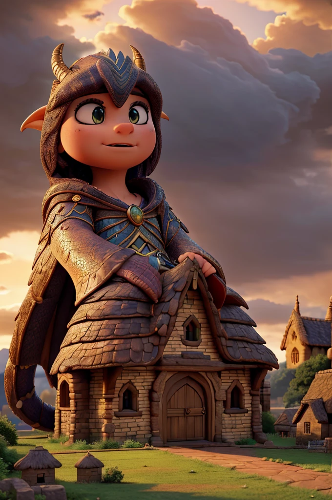 A Magnificent Giant Dragon, adorned with intricate scales that glimmered under the golden hour lighting, stood towering over a picturesque medieval village. The dragon's eyes shone brightly, emitting an ethereal glow that illuminated the quaint thatched-roof cottages and cobblestone streets below. The villagers, clad in period costumes, stood in awe, their faces expressing a mix of fear and admiration. The entire scene was framed by a dramatic cloudy sky, with the setting sun casting long, dramatic shadows over the village. The composition was cinematic, with every detail meticulously crafted tocapture the grandeur of the