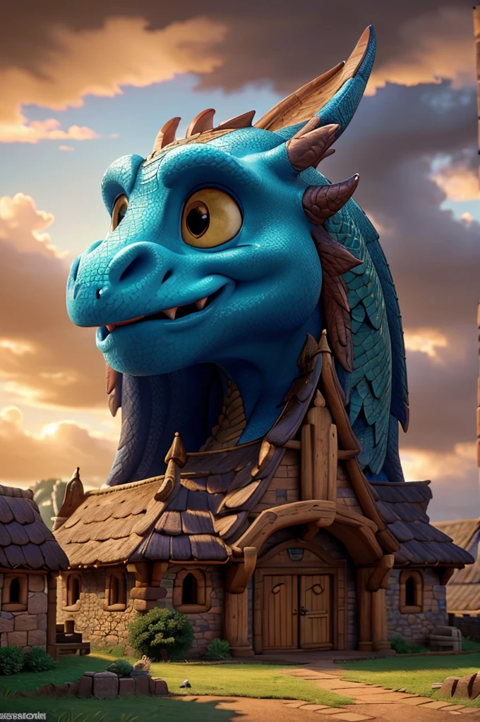 A Magnificent Giant Dragon, adorned with intricate scales that glimmered under the golden hour lighting, stood towering over a picturesque medieval village. The dragon's eyes shone brightly, emitting an ethereal glow that illuminated the quaint thatched-roof cottages and cobblestone streets below. The villagers, clad in period costumes, stood in awe, their faces expressing a mix of fear and admiration. The entire scene was framed by a dramatic cloudy sky, with the setting sun casting long, dramatic shadows over the village. The composition was cinematic, with every detail meticulously crafted tocapture the grandeur of the