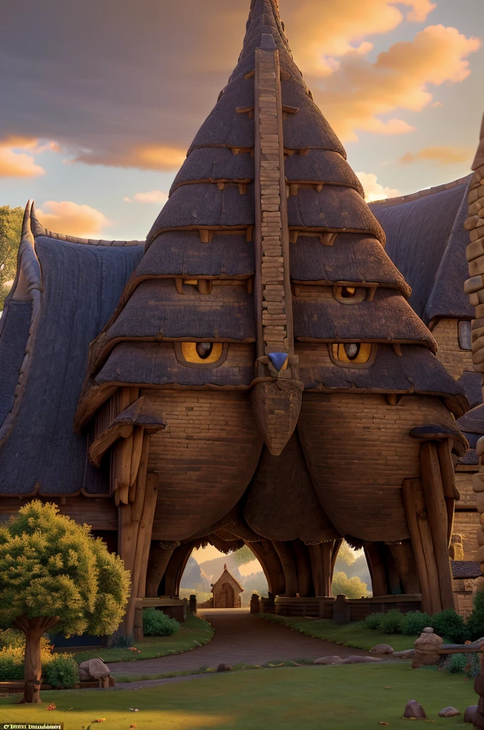 A Magnificent Giant Dragon, adorned with intricate scales that glimmered under the golden hour lighting, stood towering over a picturesque medieval village. The dragon's eyes shone brightly, emitting an ethereal glow that illuminated the quaint thatched-roof cottages and cobblestone streets below. The villagers, clad in period costumes, stood in awe, their faces expressing a mix of fear and admiration. The entire scene was framed by a dramatic cloudy sky, with the setting sun casting long, dramatic shadows over the village. The composition was cinematic, with every detail meticulously crafted tocapture the grandeur of the