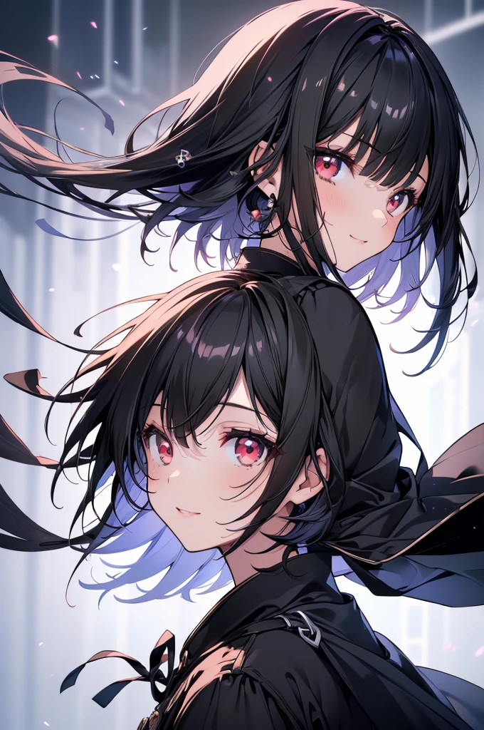 (masterpiece, highest quality, highest quality, (No text), Beautiful and aesthetic:1.2),No text,アニメ、 high resolution　BREAK,One Girl，Short black hair　Beautiful eyes　Red eyes　Beautiful girl　cool　smile　Black Coat　mini skirt　front　Night view　Detailed eyes and face