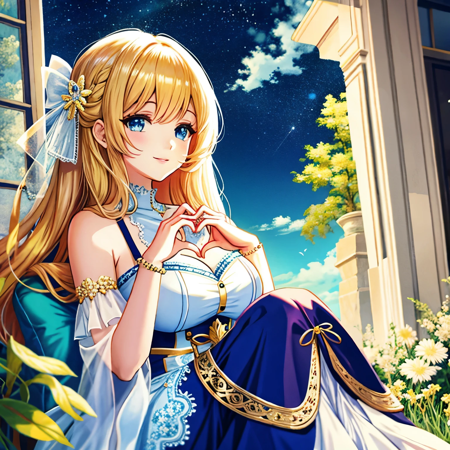 **Illustration Improvement**: (masterpiece, best quality), (ultra-detailed), super high resolution, (Top Quality photorealistic Illustration), (Super Definition), (cute illustration:1.3), (high Saturation:1.2), detailed beautiful face and eyes, (an extremely delicate and beautiful), (nice hands, perfect hands), (appropriate posture), (appropriate configuration), ideal ratio body proportions BREAK
**Theme**: Improvement of living standards, realization of prosperity and blessings, gratitude to various mystical individuals BREAK
**Number of People**: One (ultra-ultimate beautiful woman) BREAK
**Details of the Face**: Bright smile, big eyes, long eyelashes BREAK
**Details of the Movement**: Standing, (((making a heart shape with hands))) symbol of gratitude BREAK
**Emotion**: Happiness, gratitude, feeling of thankfulness BREAK
**Viewpoint**: Front BREAK
**Composition**: Centered BREAK
**Details of the Background**: City skyline, night sky, stars BREAK
**Details of the Costume**: Elegant dress, gold accessories BREAK
**Body Type**: Slim, cleavage, abs BREAK
**Hair Style and Color**: Long hair, blonde BREAK
**Light and Shadow**: Soft light, bright BREAK
**Color**: Gold, blue, green, light blue, yellow, silver, deep red, pink, wine red, dark brown, light purple BREAK
**Illustration Size**: 768x768 BREAK
**Illustration Atmosphere**: Anime style BREAK
**World View**: Fusion of anime and manga, modern June 2024 BREAK
**Style**: Anime goddess, enchanting anime girl, beautiful and attractive anime woman, detailed details. Girls' Frontline, top rated on pixiv, from Girls' Frontline, Kusharuto Krentz key art feminine, Azur Lane style, anime Barbie with white stockings, from Azur Lane video game BREAK
**Power Words**: Artistic, genius, perfect, ultimate, strongest, artistically perfect AI illustration, ultimate strongest AI illustration, number of people, movement, theme, gratitude BREAK
**Image Quality**: Absurdres, highest quality, realistic, hyperreal, ultra-detailed illustrat