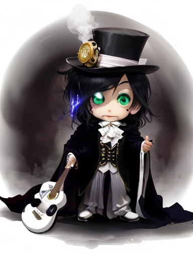 a close up of a cartoon character with a hat and a guitar, he is wearing a top hat, grim-hatter, victorian goth, advanced digital chibi art, inspired by Luigi Kasimir, chibi art, with a glass eye and a top hat, ((wearing aristocrat robe)), chibi, the madhatter, steampunc, inspired by Yamagata Hiro