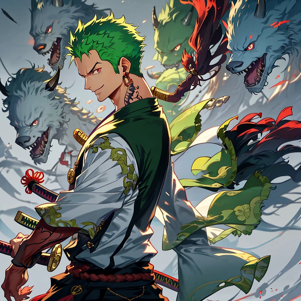 zoro, Solo, view the viewer, Smile, Short hair, Red eyes, 1boy, Holding, jewelry, Upper body, arma, Male focus, Earrings, Japanese clothes, Green hair, Horns, sword, komono, holding weapon, From the side Side, tattoo, Glowing, Scar, holdingsword, katana swords, scars in the face, scars on eyes