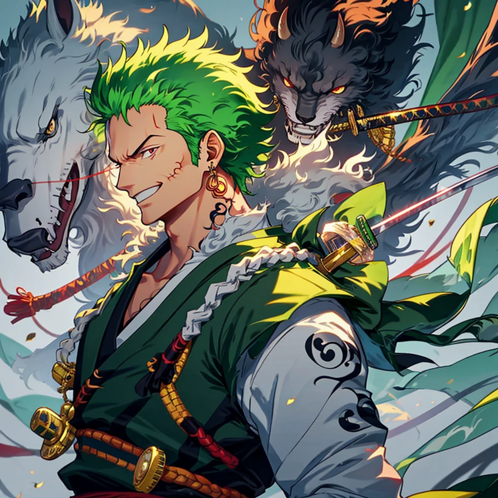 zoro, Solo, view the viewer, Smile, Short hair, Red eyes, 1boy, Holding, jewelry, Upper body, arma, Male focus, Earrings, Japanese clothes, Green hair, Horns, sword, komono, holding weapon, From the side Side, tattoo, Glowing, Scar, holdingsword, katana swords, scars in the face, scars on eyes
