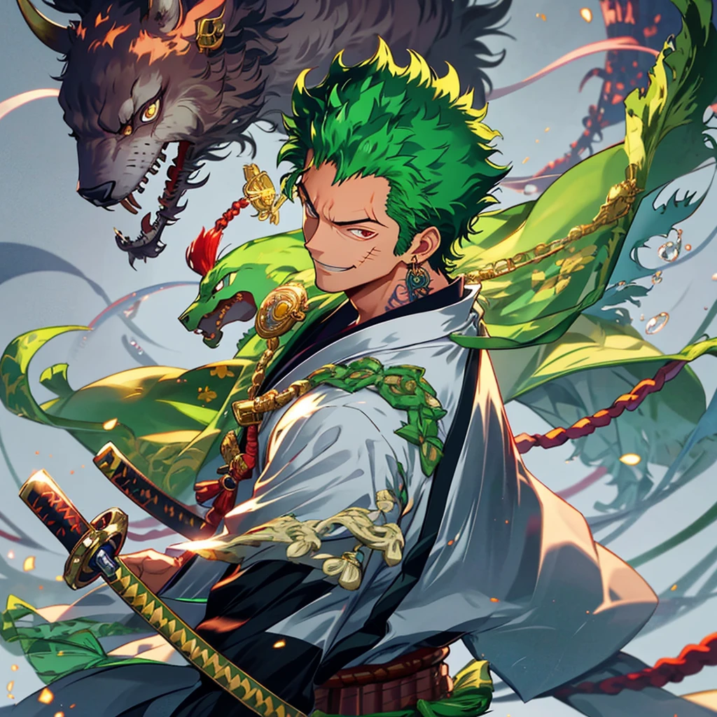 zoro, Solo, view the viewer, Smile, Short hair, Red eyes, 1boy, Holding, jewelry, Upper body, arma, Male focus, Earrings, Japanese clothes, Green hair, Horns, sword, komono, holding weapon, From the side Side, tattoo, Glowing, Scar, holdingsword, katana swords, scars in the face, scars on eyes