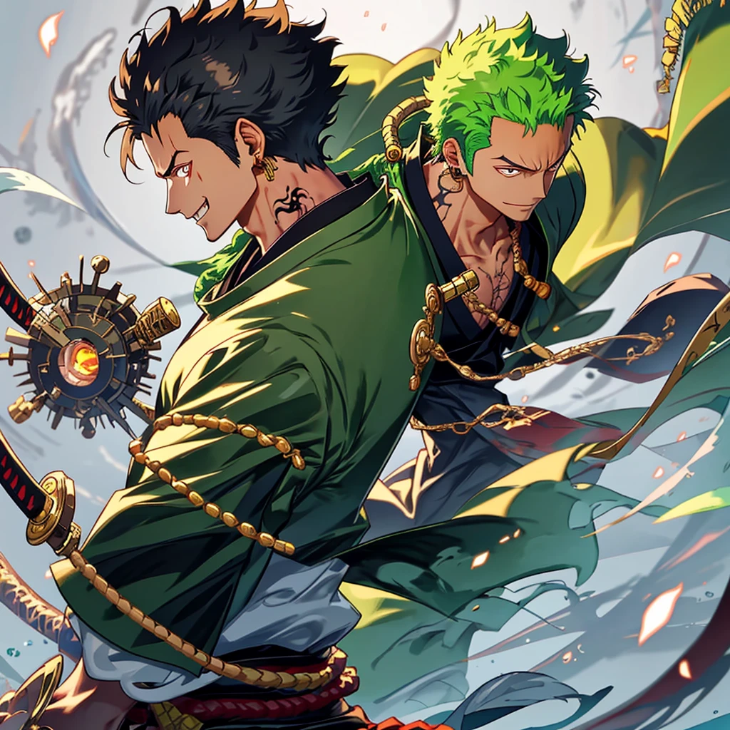 zoro, Solo, view the viewer, Smile, Short hair, Red eyes, 1boy, Holding, jewelry, Upper body, arma, Male focus, Earrings, Japanese clothes, Green hair, Horns, sword, komono, holding weapon, From the side Side, tattoo, Glowing, Scar, holdingsword, katana swords, scars in the face, scars on eyes