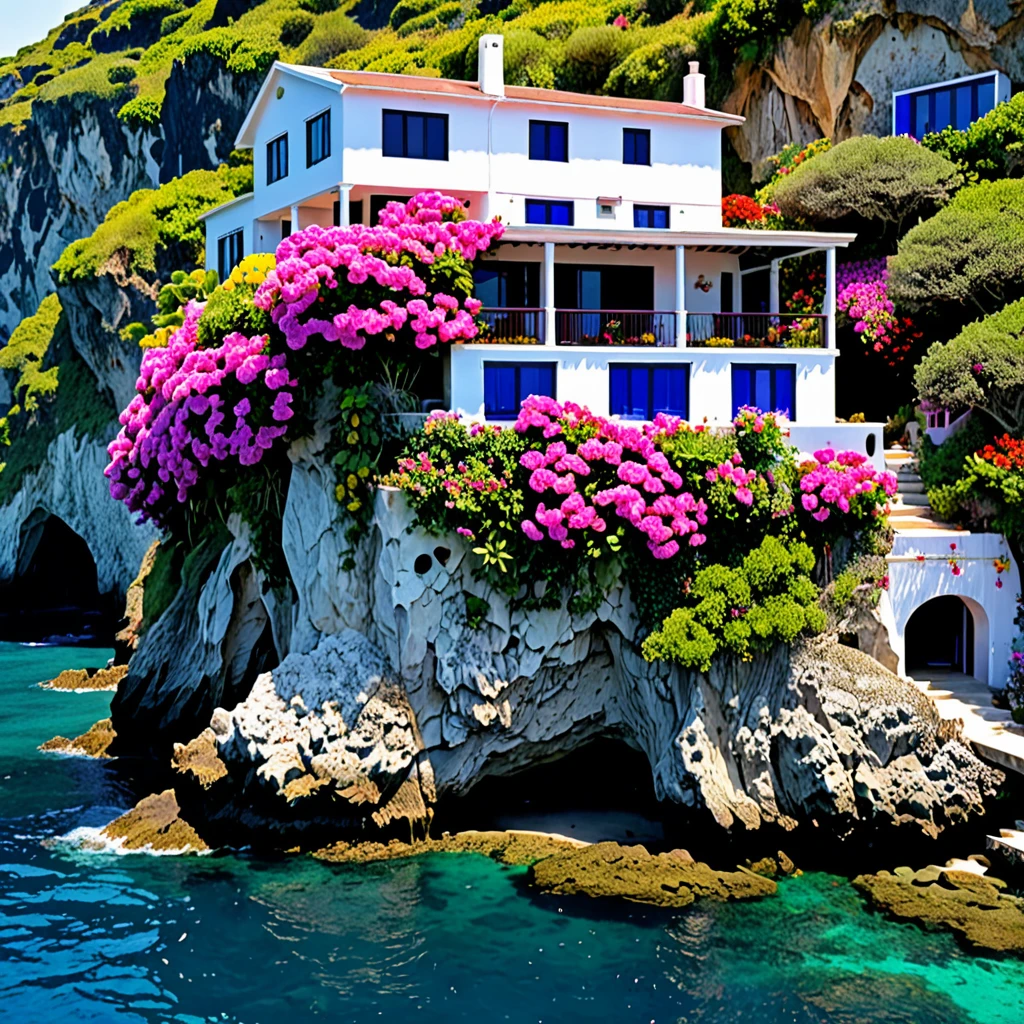 View from the sea to a cave house adorned with predominantly pink, red, black, blue, white, purple, and yellow flowers hanging over the house.