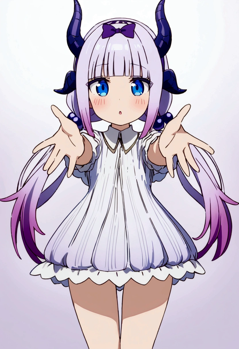 best quality, masterpiece, highres, solo, {kanna_kamui_kobayashisanchinomaidragon:1.15}, long_hair, light_purple_hair, blue_eyes, hair_ornament, bangs, blush, multicolored_hair, twintails, blunt_bangs, hair_beads, beads, hairband, gradient_hair, low_twintails, horns, dragon_horns, purple_hair, 1girl, anime_coloring, bow,Young girl, reaching out to us Pose,Short stature, childish figure
