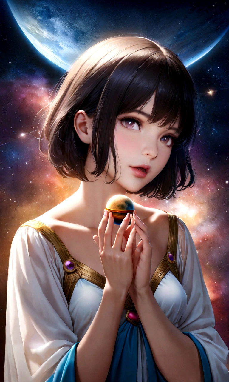 geographic magazine、title、scoop、A Goddess Bigger Than a Small Earth、Neat、Pure white long dress、Hold the Earth in your hand and bring it close to your mouth、to kiss、universe space、Sexy pose、Small breasts、Realistic、Magazine Cover、anime、リアルanimeスタイル、short hair、Black Hair、Cute woman、Beauty、model、Portrait、Steamy、steam、Japanese、Milky Way、nebula、Mars、Saturn、moon、Spectacular atmosphere、animeキャラクターのポスター