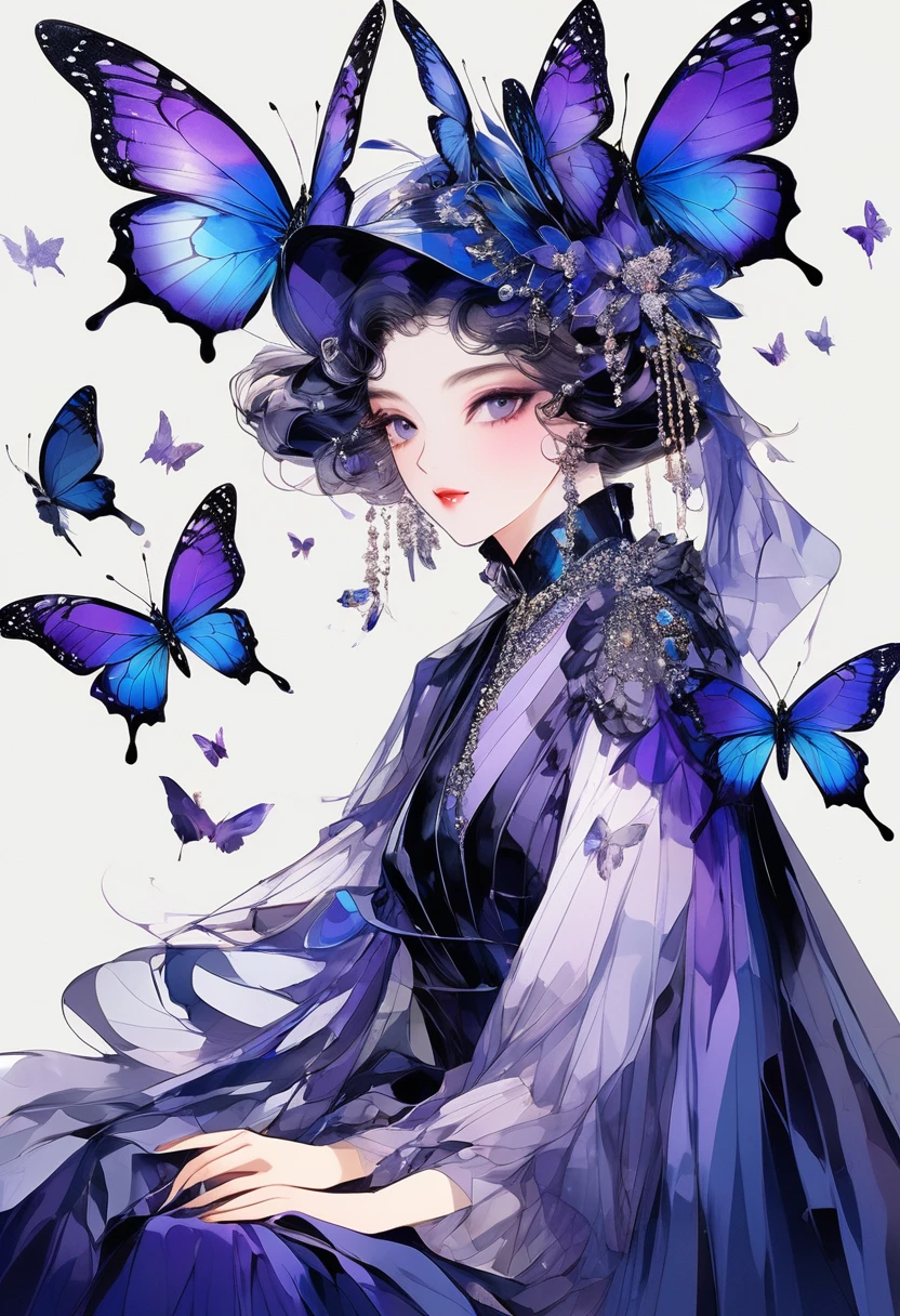Butterfly motif、Purple and blue tones、Vibrant colors、((masterpiece)))、(((Highest quality)))、((Ultra-detailed))、(Surreal)、(Highly detailed CG illustrations)、From the right、Official Art、Milan at the beginning of the 20th century、Decadent、Madame Papillon、Masquerade、Sophistication、grace、Gorgeous mask that covers most of your face、Colorful and elaborate mask designs、Unparalleled beauty、fan、Gorgeous Dress、gem、The perfect angle、Perfect composition。Esbian all over