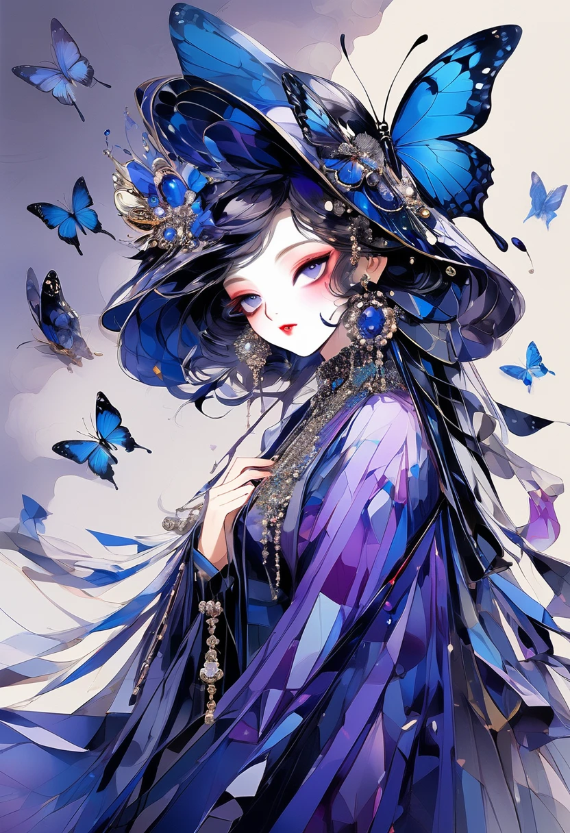 Butterfly motif、Purple and blue tones、Vibrant colors、((masterpiece)))、(((Highest quality)))、((Ultra-detailed))、(Surreal)、(Highly detailed CG illustrations）、From the right、Official Art、Milan at the beginning of the 20th century、Decadent、Madame Papillon、Masquerade、Sophistication、grace、Gorgeous mask that covers most of your face、Colorful and elaborate mask designs、Unparalleled beauty、fan、Gorgeous Dress、gem、The perfect angle、Perfect composition。Esbian all over