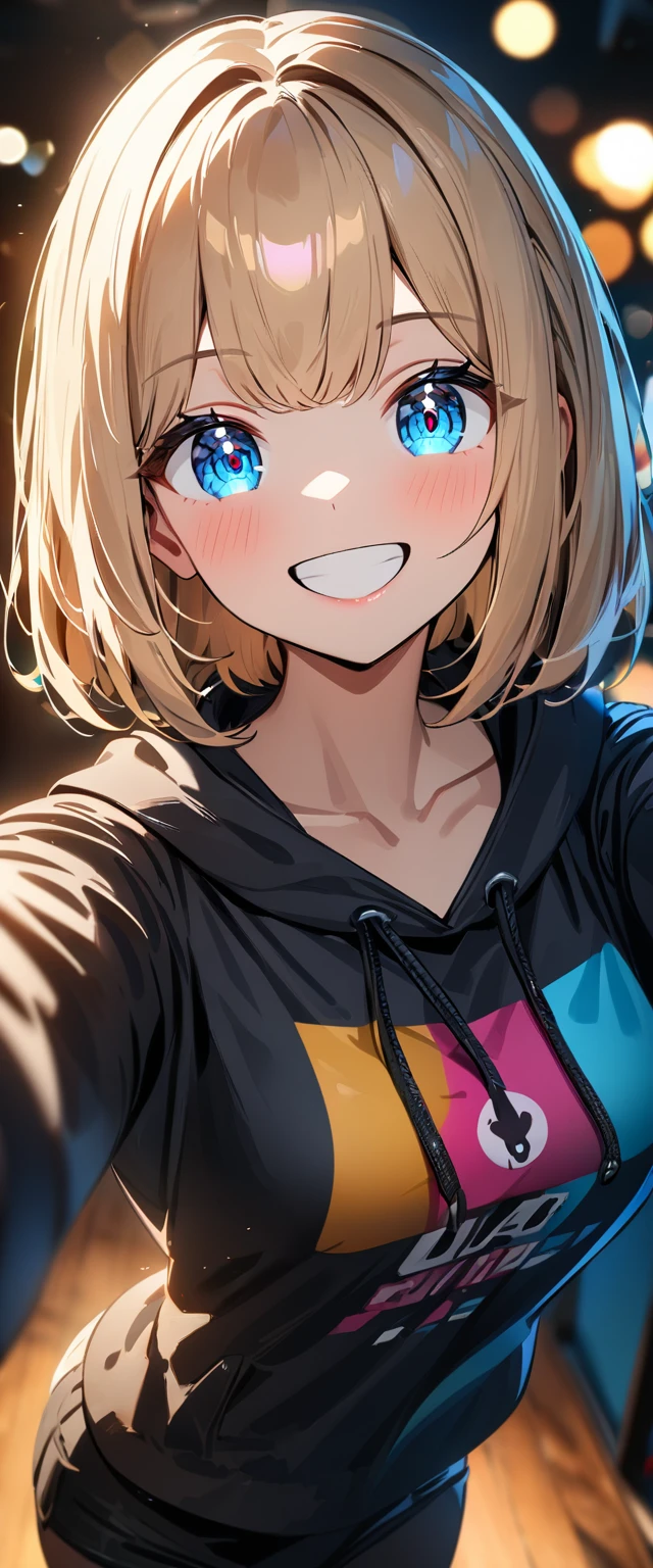 (((One girl))), blond hair, bob cut, (upper body), (looking at viewer), breasts, teenager, head tilt:1.3, (((blue eye))), (from side), selfie, reaching, ((happy smile)), black hoodie:1.3, black shorts:1.3, anime style, (best quality, 4k, 8k, highres, masterpiece:1.2, ultra-detailed, ultra-detailed eyes, HDR, UHD, studio lighting, ultra-fine painting, sharp focus, physically-based rendering, extreme detail description, professional, vivid colors, bokeh)