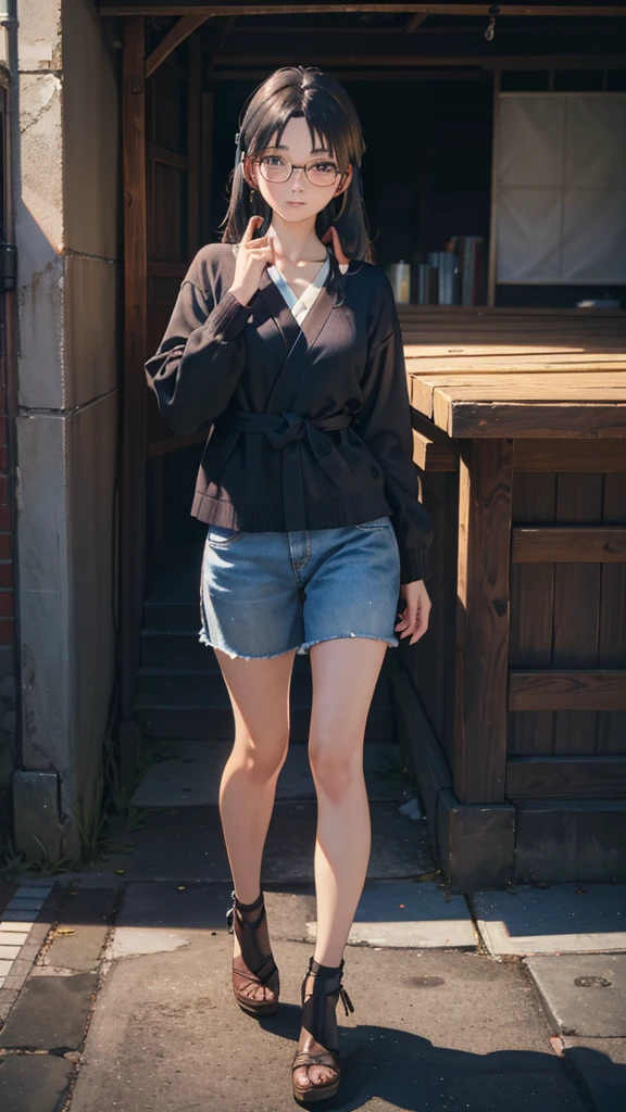 (masterpiece:1.2, top-quality), (realistic, photorealistic:1.4), beautiful illustration, (natural side lighting, movie lighting), looking at viewer, cowboy shot, front view:0.6, 1 girl, Japanese, perfect face, cute and symmetrical face, shiny skin, hair between eye, dark brown eyes, long eye lasher, beautiful hair, beautiful face, beautiful detailed eyes, beautiful clavicle, beautiful fingers,  (beautiful scenery), whole body, entire body, full body, total body, upright stance, erect posture, (shoes), (Detail of fingers of both hands), 20-years-old beautiful female, (detailed black rim glasses), (wearing detailed white headphones), black hair, stroll, Plain clothes, not flashy clothes, Clothes suitable for autumn, knowledge, intellectual, enthusiasm, front of whole body, concentration, sense of accomplishment, masterpiece, top quality, academic atmosphere, masterpiece, best quality, ultra-high res, sharp focus, high-definition eyes