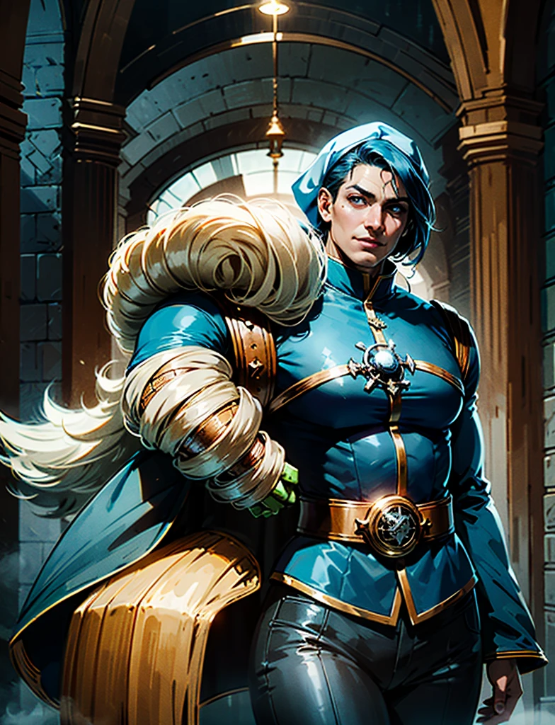 A man with short aqua-blue hair, wearing a headscarf, a fearless gaze, a playful smile, a confident demeanor, he has distinct facial features, he wears a two-piece fantasy pirate outfit, wears a black tight-fitting shirt underneath, a loose sky-blue coat over it, a ghostly face emblem belt, loose fabric pants, stands within a bustling fantasy medieval tavern, this character embodies a finely crafted fantasy-style pirate in anime style, characterized by an exquisite and mature manga illustration art style, high definition, best quality, highres, ultra-detailed, ultra-fine painting, extremely delicate, professional, anatomically correct, symmetrical face, extremely detailed eyes and face, high quality eyes, creativity, RAW photo, UHD, 8k, Natural light, cinematic lighting, masterpiece:1.5