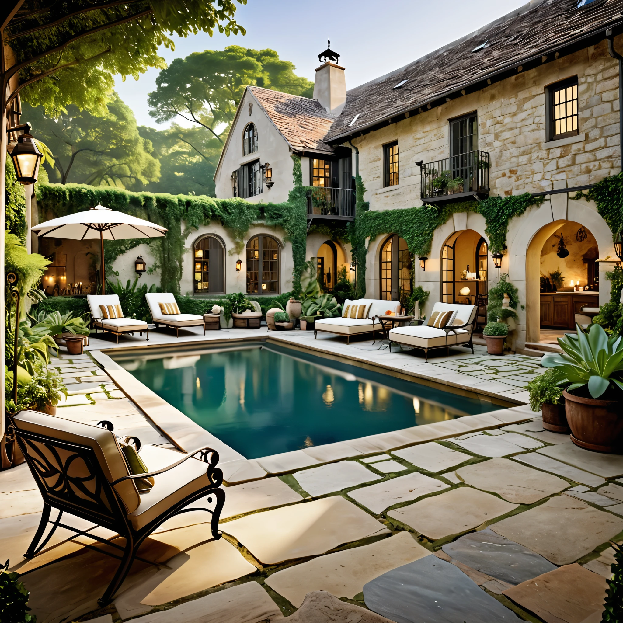 Generate a vintage-inspired courtyard scene featuring a natural pool. The courtyard should have weathered stone walls and antique-style furniture. Include wrought iron sun loungers with vintage cushions, a small bistro table with chairs, and an assortment of old-fashioned lanterns. The pool should have an enchanting look, with clear, reflective water and lush plants surrounding it. The overall lighting should be soft, creating a nostalgic and tranquil ambiance.
