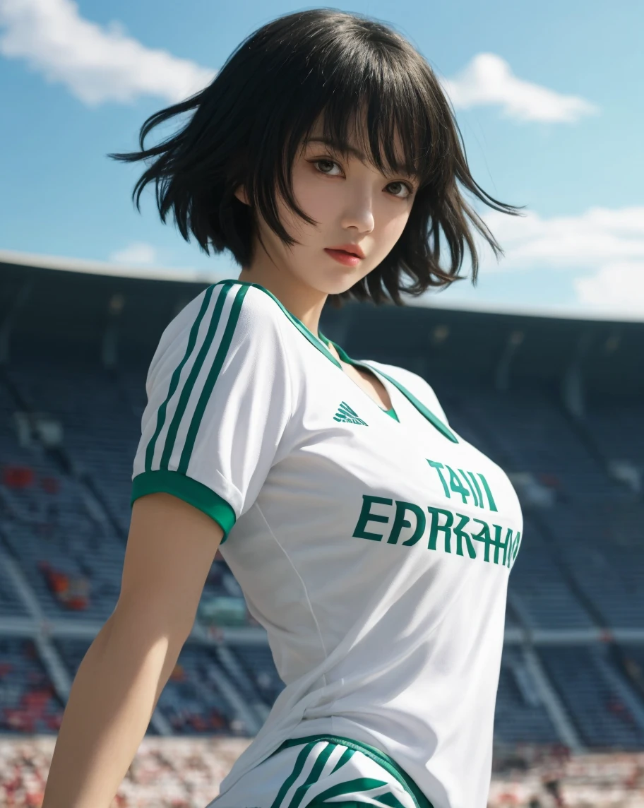 ((13-year-old girl, Very slim)), rain, heavy rain, Black Hair, Bobcut, Athletics Stadium, (Track and field uniforms, White, Wet Hair, Wet Skin, Wet clothes)