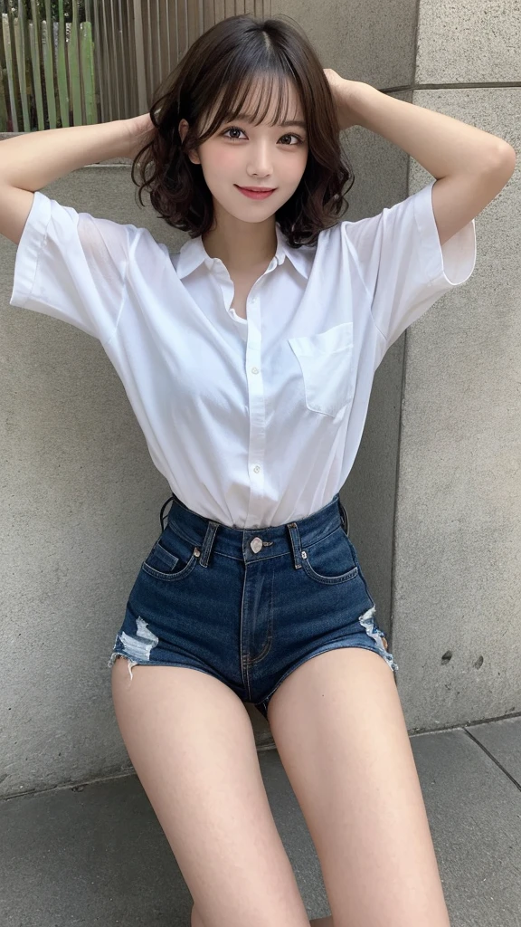 masutepiece, Best Quality, Illustration, Ultra-detailed, finely detail, hight resolution, 8K Wallpaper, Perfect dynamic composition, Beautiful detailed eyes, Full body shot, Spread legs 、 Spread Legs 、 Natural Color Lip, Random and sexy poses, arms up 、 Smile,Aoyama Street Walk、20 years girl、bobhair,Short hairstyle、Loose curly hair