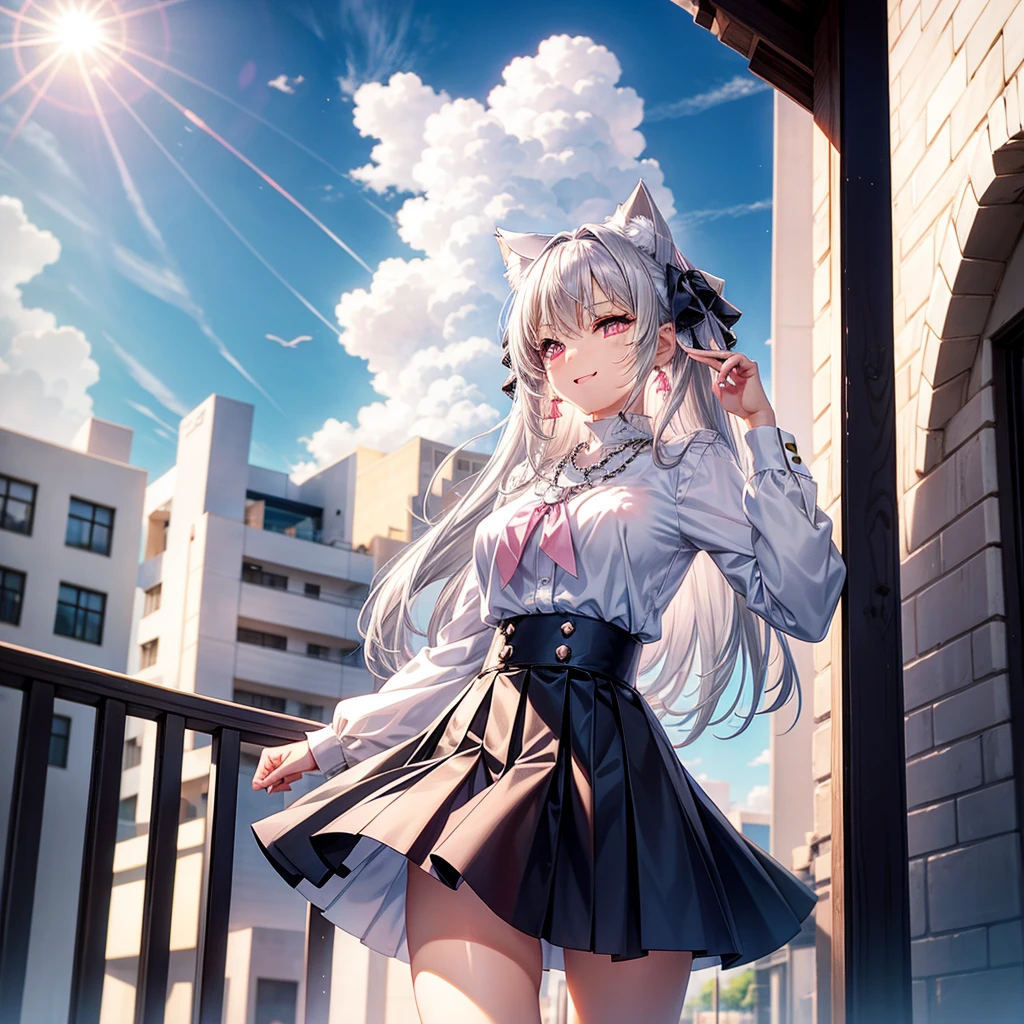 Silver hair, pink eyes, body, cat ears, sexy girl, earrings, sun and cloud background, hair bows, mitsuri, blouse, skirt uniform, bells necklace, happy face, thigh up