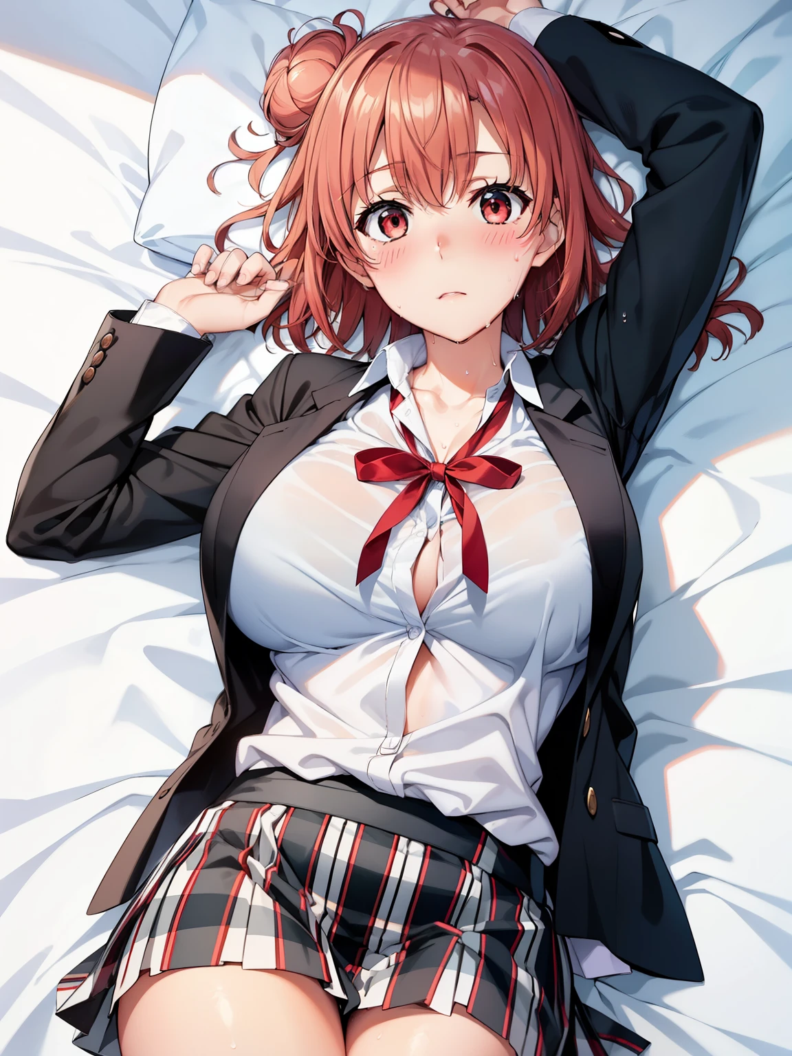 ((Highest quality, High resolution, Perfect Pixel, 4K)), (Beautiful Anime Girls), Depth of written boundary、
Yuigahama Yui, (Big Breasts:1.3)、 Red eyes、
short hair, Single hair bun, Neck ribbon, White shirt, Dress shirt, blazer, Black jacket, Open jacket, Long sleeve, Checked skirt,
(Sweat、blush、Embarrassing:1.1)、
lying_bustup_shot,
Lying on the bed、