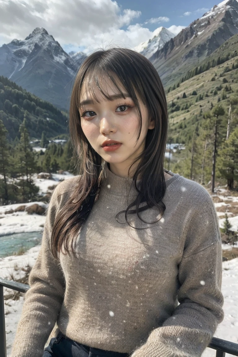 ((masterpiece)),best quality, number, dark, A girl, In the wilderness,A high mountain,Snow-capped mountains can be seen in the distance々, City, Beautiful details, Beautiful and fine hair,