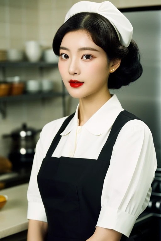Seoul, 1952, cinematic photo ((1 korean woman)),RAW photo,candid,medium-wide shot,big breasts, strikingly beautiful, delicate facial features, porcelain skin, expressive eyes, black hair, red lips,1950s fashion,apron,1950s kitchen,kitchen,stepford wife,1950s stepford wife,(((black hair)),full body view,very high heels,(1950s hair wide ponytail),wide shot,(((brushing hair with left hand in hair))), hair hair brush,Poodle Cut,Wearing a Turban or Headscarf,Rhinestone Headband,