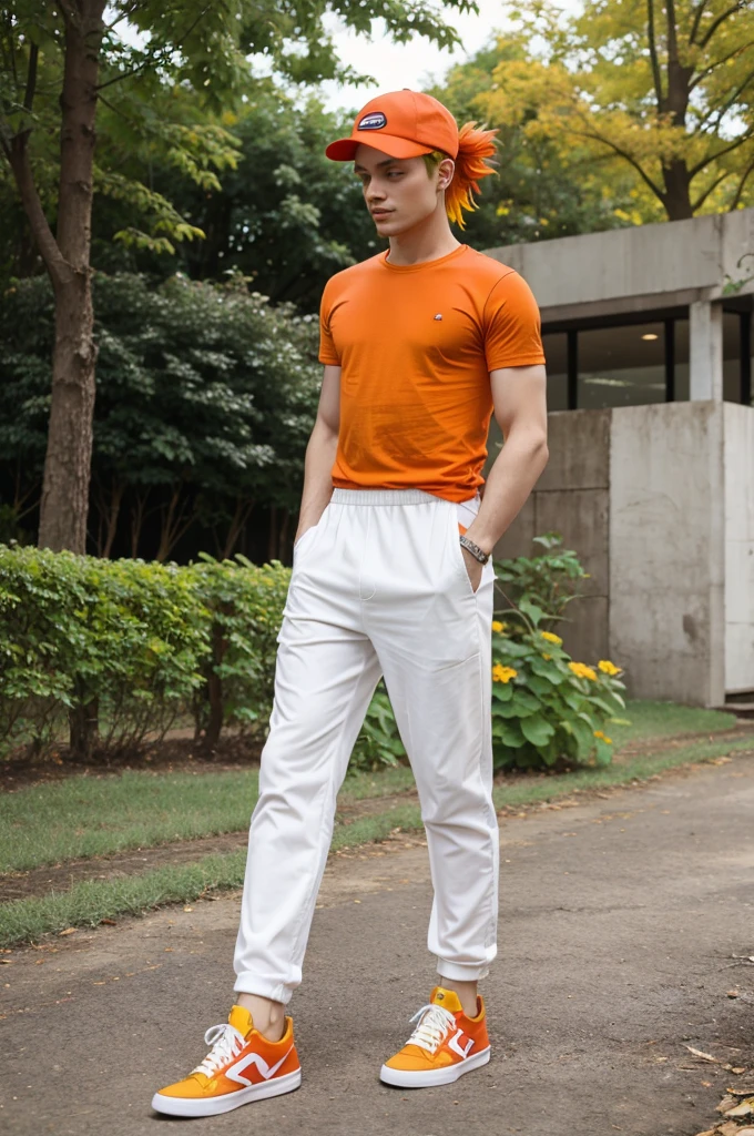Man
Red t shirt
White long pant
Cap yellow
Shoes orange
Green hair colour
In a ground