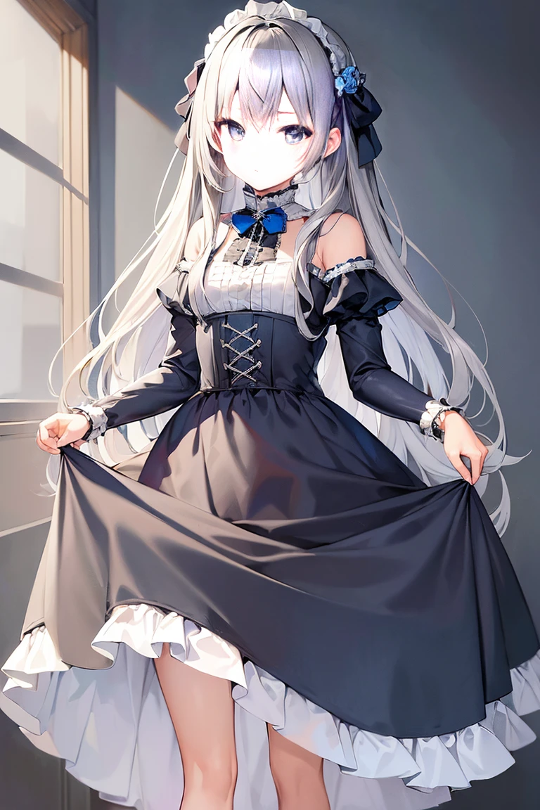 ((best quality)), ((masterpiece)), (detailed), 1 Girl, (Gray long hair), Classic style long skirt,Baroque blue dress,Stacked dress with ruffle trims,Cute style