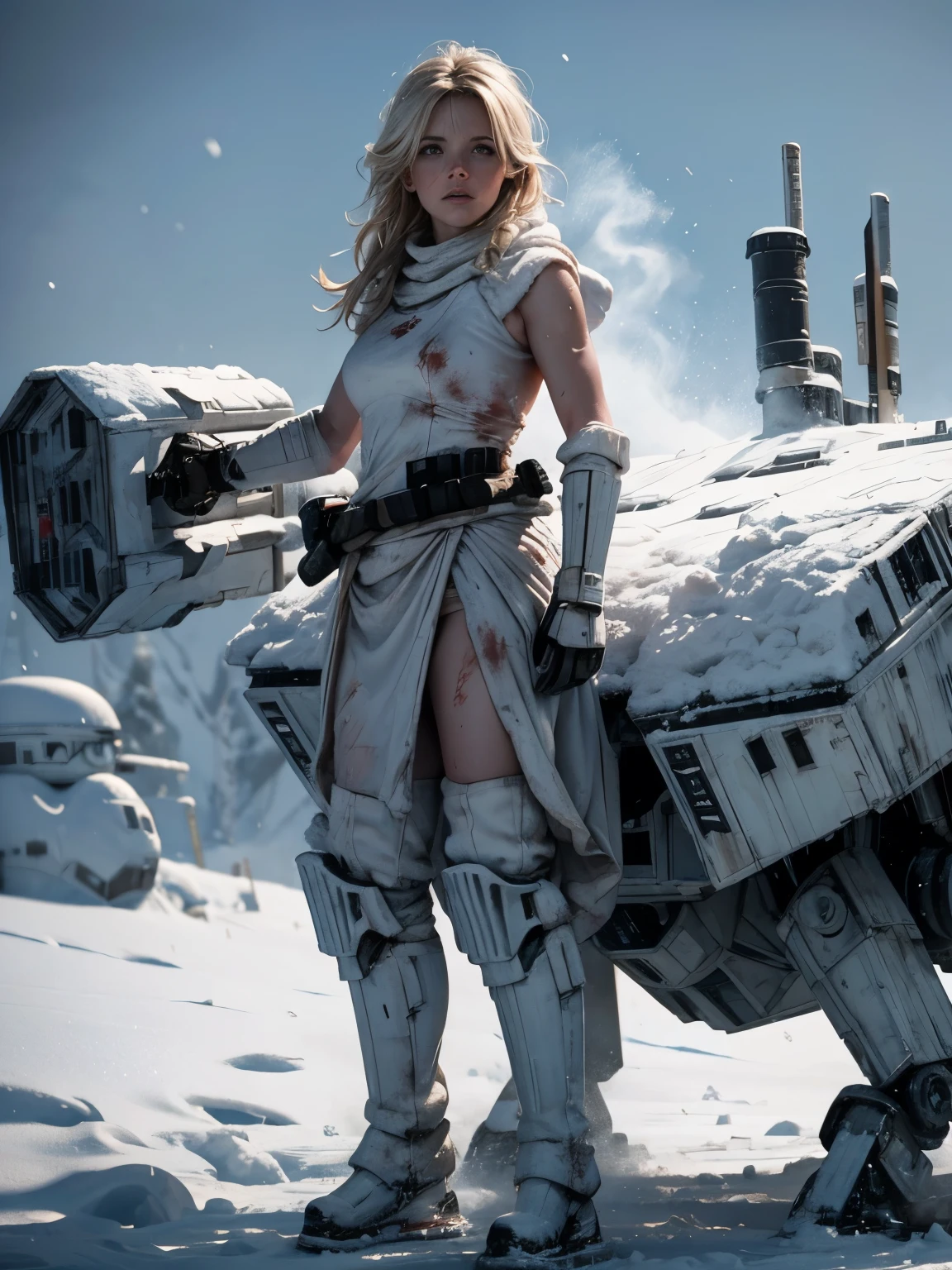 Helen Skelton, Star Wars, close-up action shot from ground level, naked Imperial Snow trooper on Hoth, naked, swearing, sweating, damp hair, bloodied, Imperial Walker, on a bloody battlefield, snow, explosion, fires