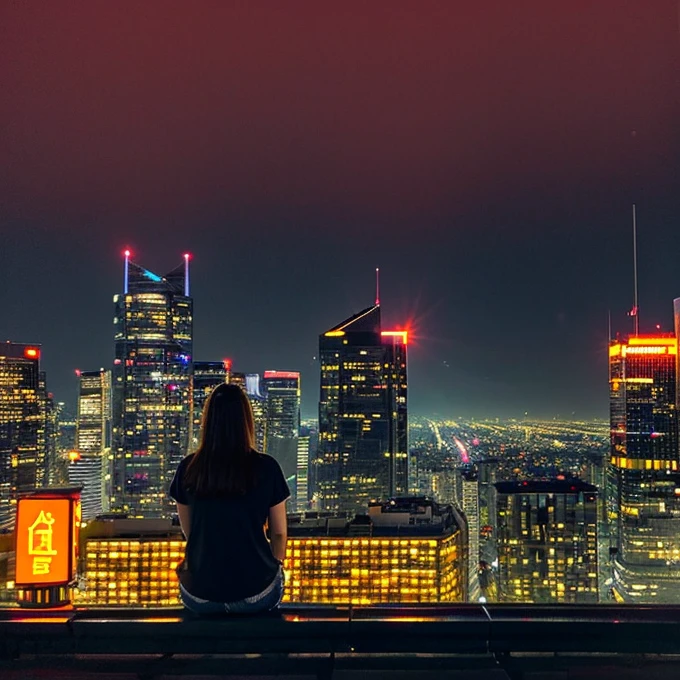 "The cityscape lit by streetlights and neon lights spreads out before your eyes.。Orange sunset visible between skyscrapers、A 16-year-old girl is sitting on a bench in the city、Gazing into the distance。The girl&#39;s long hair is fluttering in the wind、I&#39;Carrying a backpack、A thin blanket and old books are scattered on the bench.。The library building can be seen nearby..、The tranquil atmosphere of the library。Skyscrapers lined up in the background、Street illuminated by neon lights。Car headlights illuminate the street、people々々Busy passing by.。The stars are beginning to shine in the sky、Based on the orange and pink of the sunset、夜のgreenと紫のトーンが混じる。Bright colors of neon lights（red、green、green, wait.）Used as an accent、The girl and the bench are illuminated by a warm light.。Overall loneliness and hope、The emotions swaying between dream and reality are expressed..、The strength hidden in silence、A fantastical atmosphere that gives a sense of hope for the future。"。", High resolution, masterpiece, Highest quality, Intricate details, Very detailed, Clear focus, Delicate skin, practical skin texture, texture, Delicate eyes, Professional, 4K, Shot with Canon, 85mm, Shallow and deep,  Kodak Vision Color, that&#39;s right, Very detailed, photograph_\(Extremist\), photographpractical, practical, Post-processing, Maximum details, Roughness, Real Life, Extremist practical, Photorealism, photographgraphy, 8K Ultra HD, photographgraphy