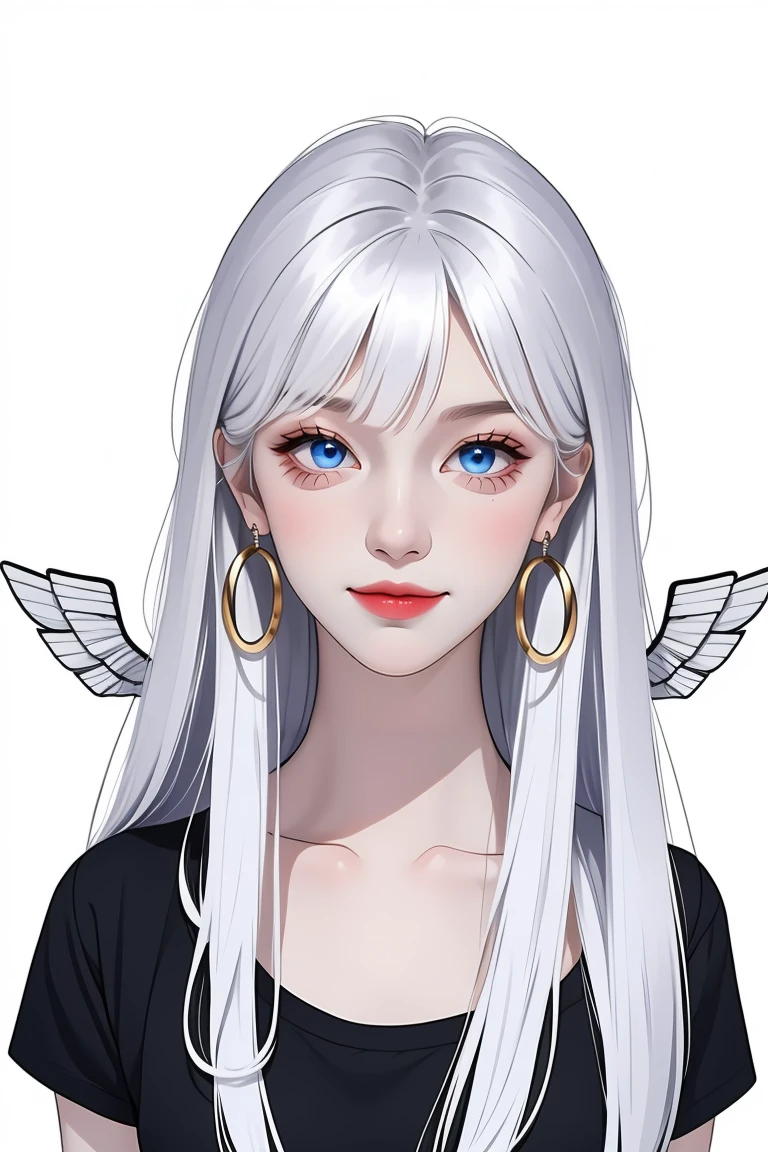 1 cute girl,white hair,Direct_hair,long hair,hair wings,hoop_earrings,blue eyes,Black short-sleeved T-shirt,Solid color background, Cold expression, Simple background, The Minimalists, Smile, Facing the camera, Looking at the audience