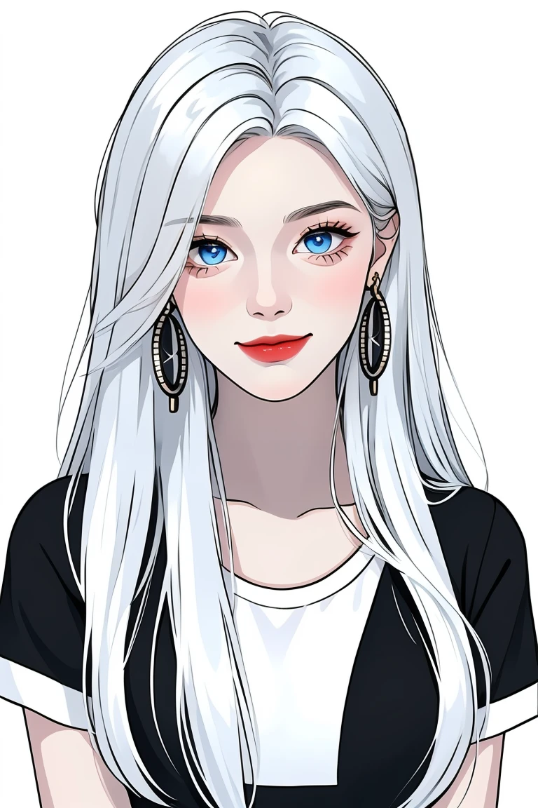 1 cute girl,white hair,Direct_hair,long hair,hair wings,hoop_earrings,blue eyes,Black short-sleeved T-shirt,Solid color background, Cold expression, Simple background, The Minimalists, Smile, Facing the camera, Looking at the audience
