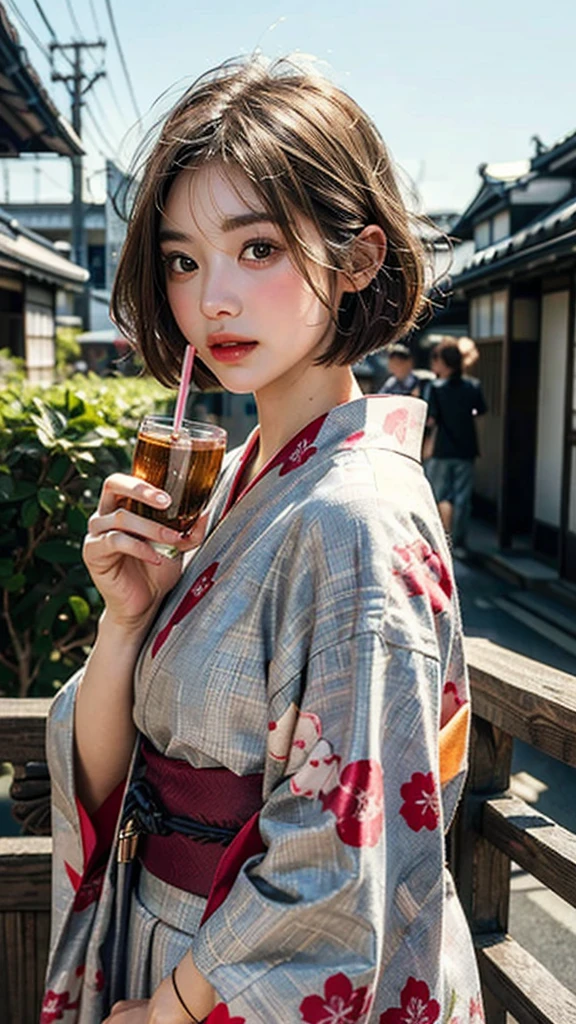 (Highest quality, masterpiece:1.3), shape, ((Beautifully detailed face)), beautifully detailed skin, Intricate details, Very detailed, Best image quality in 8K,(18 year old high school girl:kimono),A Japanese girl,Baby Face,(Detailed Hair,Bobcut:1.4),Detailed lips,Open your mouth,(The whole body is shown:1.9,Long Shot),blush,Embarrassing,Realistic Face,Realistic Skin,(Vibrant Skin),Vivid lips,Lip gloss,(Kyoto cityscape),(Drinking tea)