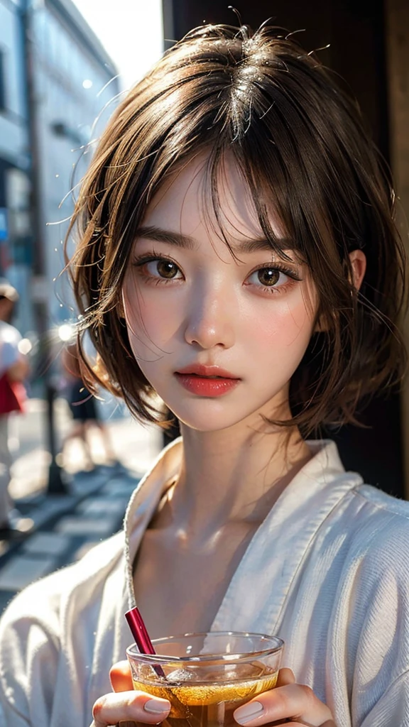 (Highest quality, masterpiece:1.3), shape, ((Beautifully detailed face)), beautifully detailed skin, Intricate details, Very detailed, Best image quality in 8K,(18 year old high school girl:kimono),A Japanese girl,Baby Face,(Detailed Hair,Bobcut:1.4),Detailed lips,Open your mouth,(The whole body is shown:1.9,Long Shot),blush,Embarrassing,Realistic Face,Realistic Skin,(Vibrant Skin),Vivid lips,Lip gloss,(Kyoto cityscape),(Drinking tea)
