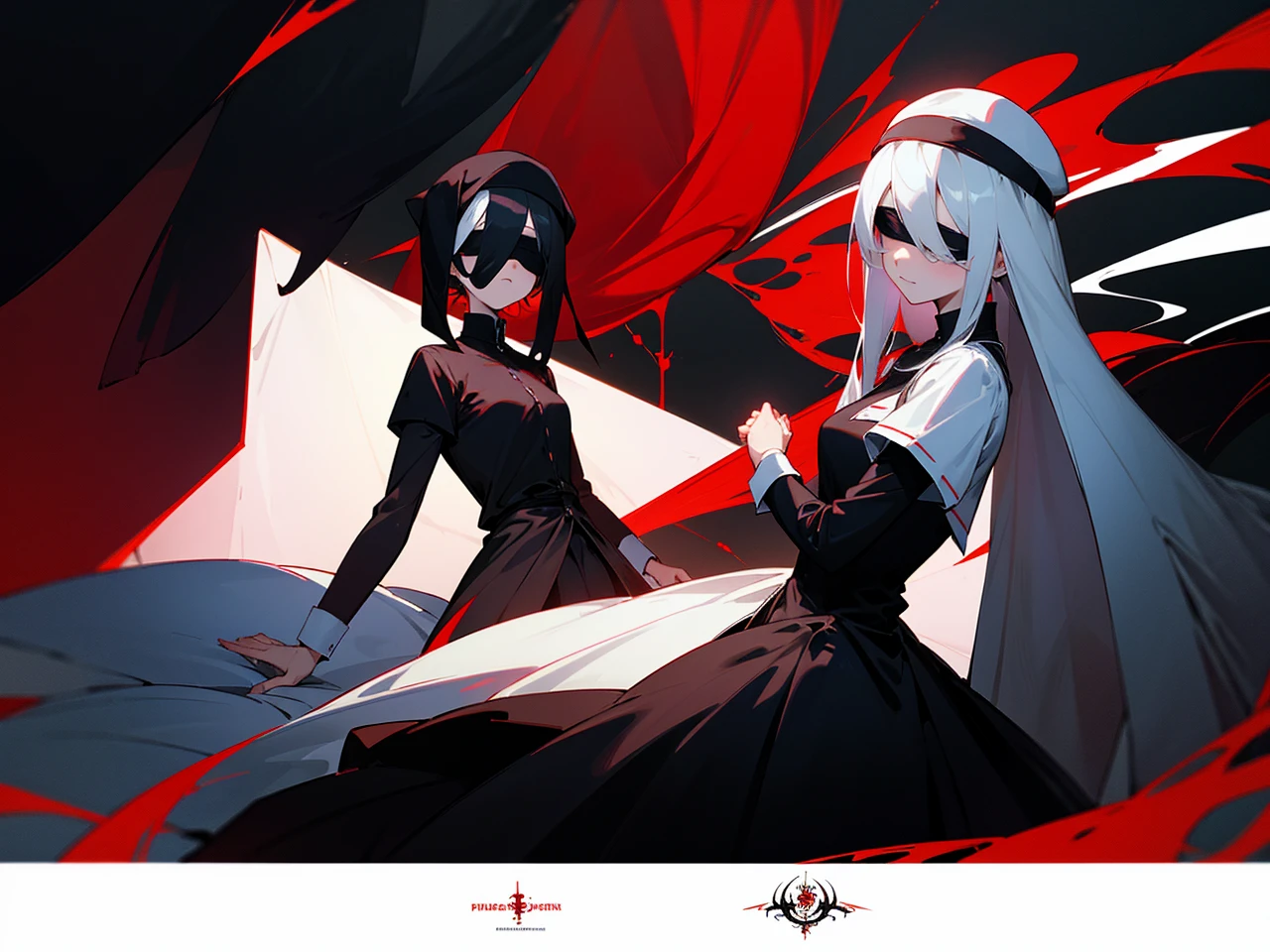 Make an anime poster, has 4 women in it, on the left side a classy dressed beauty with only the colors red and white, has an angelic presence but a demonic personality, she wears a hat on her head and a long mature gown. On the middle, a millitary general with black and white hair, and a blindfold covering her eyes. Behind her in the back, a woman faded in the background, only her eyes red Phoenix can be seen. Finally at the very right side a nun with a blindfold and a church nun fantasy black dress, holding her hands together symbolizing a prayer gesture.