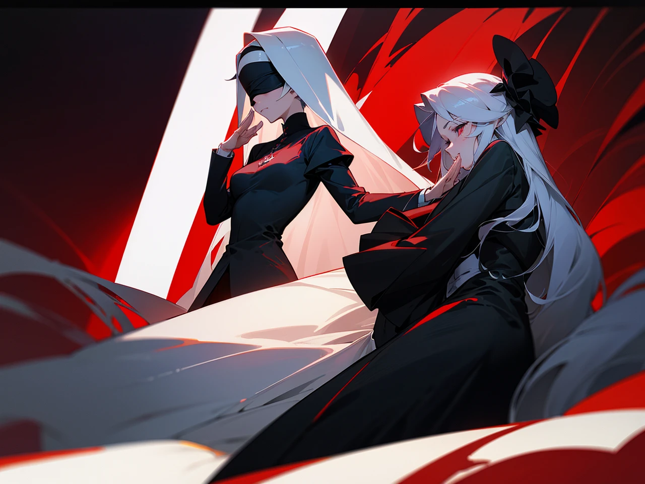 Make an anime poster, has 4 women in it, on the left side a classy dressed beauty with only the colors red and white, has an angelic presence but a demonic personality, she wears a hat on her head and a long mature gown. On the middle, a millitary general with black and white hair, and a blindfold covering her eyes. Behind her in the back, a woman faded in the background, only her eyes red Phoenix can be seen. Finally at the very right side a nun with a blindfold and a church nun fantasy black dress, holding her hands together symbolizing a prayer gesture.