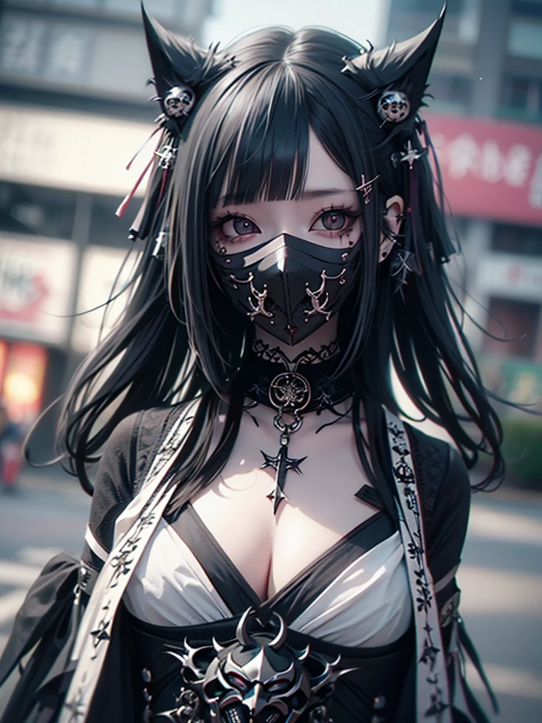 Highest quality、8K、masterpiece：1.3、Gothic Punk、The inside color is red、Black-haired、hair ornaments、Beautiful girl、creative、Dark Fantasy Style、Neogoth、Goth Fashion：1.2、High resolution、masterpiece、Highest quality、頭w:1.3、((Hasselblad Photos))、Fine skin、Sharp focus、(Cinematic lighting)、Realistic textured hair、((Black Mask)),Esbian all over、((View from below))