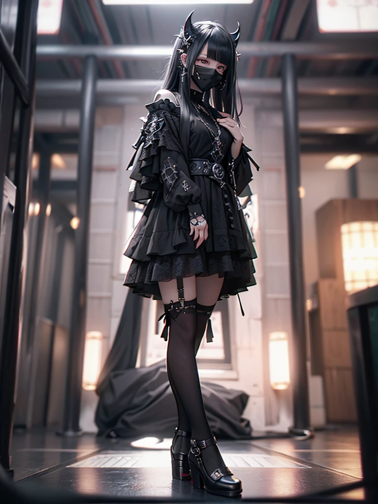Highest quality、8K、masterpiece：1.3、Gothic Punk、The inside color is red、Black-haired、hair ornaments、Beautiful girl、creative、Dark Fantasy Style、Neogoth、Goth Fashion：1.2、High resolution、masterpiece、Highest quality、頭w:1.3、((Hasselblad Photos))、Fine skin、Sharp focus、(Cinematic lighting)、Realistic textured hair、((Black Mask)),Esbian all over、((View from below))