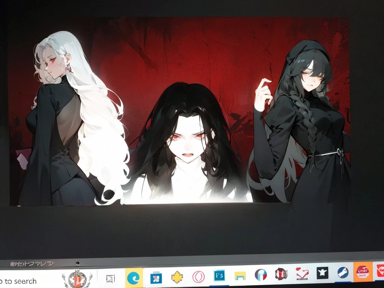 Make an anime poster, has 4 women in it, on the left side a classy dressed beauty with only the colors red and white, has an angelic presence but a demonic personality, she wears a hat on her head and a long mature gown. On the middle, a millitary general with black and white hair, and a blindfold covering her eyes. Behind her in the back, a woman faded in the background, only her eyes red Phoenix can be seen. Finally at the very right side a nun with a blindfold and a church nun fantasy black dress, holding her hands together symbolizing a prayer gesture.