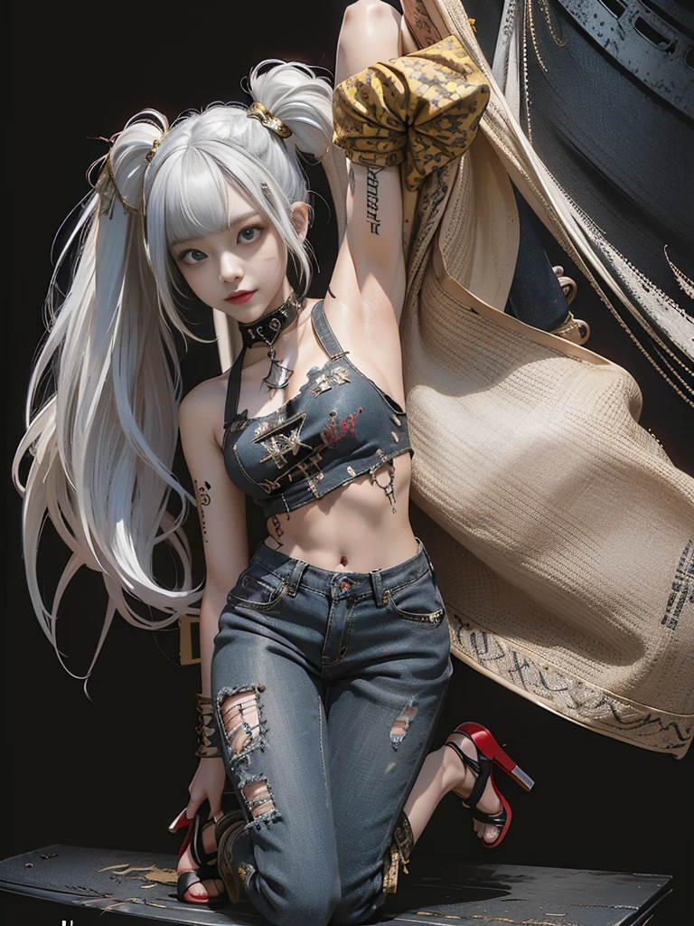 (Full Body View:1.2)、(Side view:1.1)、(Beautiful face:1.3)、(Smiling with teeth showing:1.3),(Shibuya Gal:1.5)、(Beverly Hills Whore:1.4)、(Neo-goth fashion:1.5)、(Punk RockVisual Kei:1.4)、(Modern white and red Barong:1.5)、(Tattered brown and charcoal denim bugle pants:1.5)、(Mustard Yellow Headband:1.3)、(Charcoal and khaki high heels:1.4)、collar、(We sell patterned underwear with logos.:1.4)、15 years old、NSFW,((Highest quality、In 8K、masterpiece:1.3))、Sharp focus:1.2、(Layered Cut、Huge boobs:1.1),Beautiful woman with perfect figure:1.4、(Open legs:1.3)、(Raise your arms:1.2)、(Open your crotch:1.3)、Slender Abs:1.2、Butt、Highly detailed face and skin texture、Detailed eyes、double eyelid,(Twin tails:1.3)、(White-gold hair:1.3)、Dynamic Pose、Obscene pose、Humiliating pose、Gravure idol、(luxury fashion show stage:1.3)、(Make your legs thinner:1.4)、(Slim body:1.3)、(clavicle:1.1)