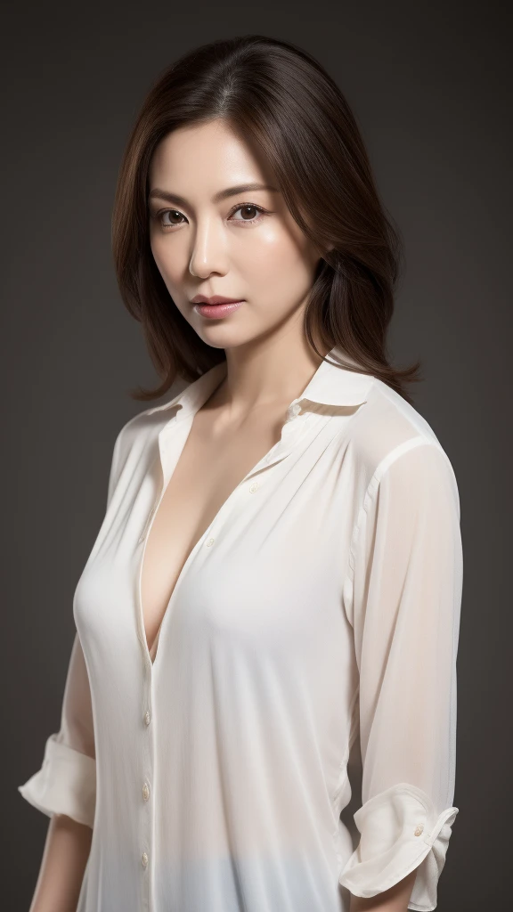 Ultra-high resolution, masterpiece, Rough skin, Very detailed, Photorealistic, Professional Lighting, Written boundary depth, sharp, (Gray background), (Front view:1.2),(Japanese Mature, 45 year old women are sexy), Detailed face, Beautiful Eyes, bangs, Shapely large breasts, Light brown straight hair, Faint lips, (Catch Eye:1.3),((Stand in front、Looking at the audience, Serious face eyes,)), White T-shirt, Cleavage, Full body photo, Cowboy Shot,