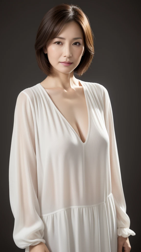 Ultra-high resolution, masterpiece, Rough skin, Very detailed, Photorealistic, Professional Lighting, Written boundary depth, sharp, (Gray background), (Front view:1.2),(Japanese Mature, 45 year old women are sexy), Detailed face, Beautiful Eyes, bangs, Shapely large breasts, Light brown straight hair, Faint lips, (Catch Eye:1.3),((Stand in front、Looking at the audience, Serious face eyes,)), White T-shirt, Cleavage, Full body photo, Cowboy Shot,
