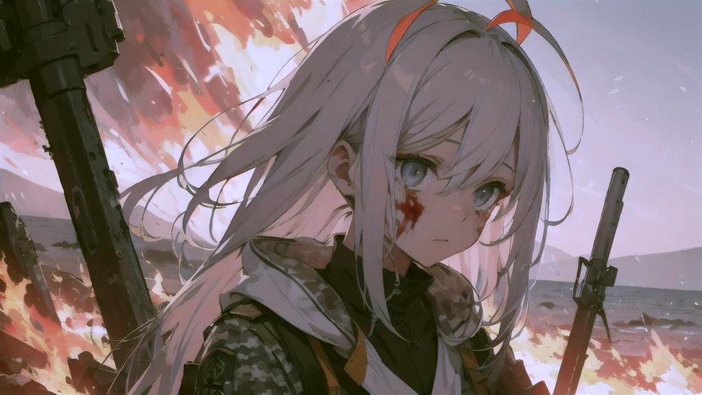 masterpiece:1.2), best quality , 独奏 ,pixiv, anime girl ，long straight white hair , black eyes ,Wearing off-white camouflage uniform ,ten years old，modern battlefield，(Eyes looking into the distance:1.3)，(look away:1.5)，snowy weather，dirty face，The background is a sea of fire with blood on the forehead，dirty face，Backlight，Bare rocky peaks ,Fierce flames are burning，The expression is sad，bullets flying，leave tears

