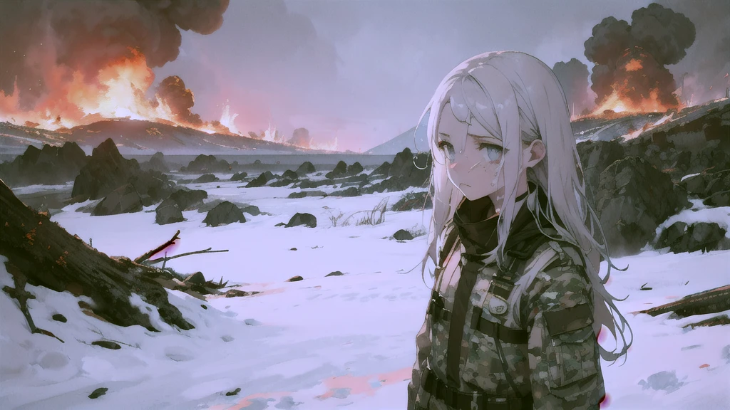 masterpiece:1.2), best quality , 独奏 ,pixiv, anime girl ,long straight white hair , black eyes ,Wearing off-white camouflage uniform ,ten years old,modern battlefield,(Eyes looking into the distance:1.3),(look away:1.5),snowy weather,dirty face,The background is a sea of fire with blood on the forehead,dirty face,Backlight,Bare rocky peaks ,Fierce flames are burning,The expression is sad,bullets flying,leave tears